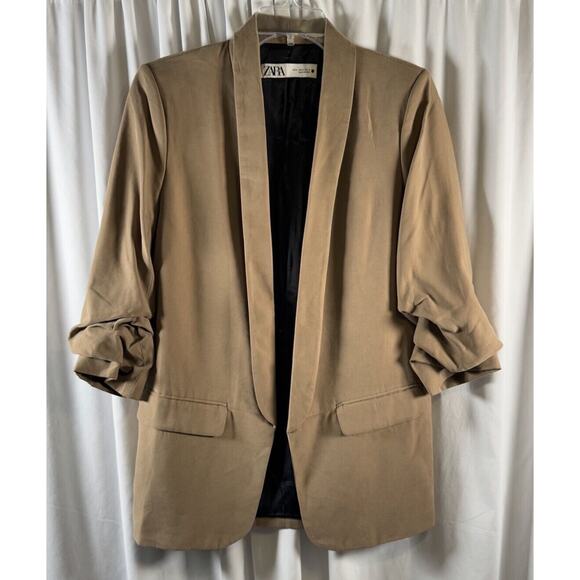 ZARA Flowy Ruched Sleeves Oversized Open Blazer, Khaki/ Taupe, Sz: M, 84-15 - Picture 4 of 16